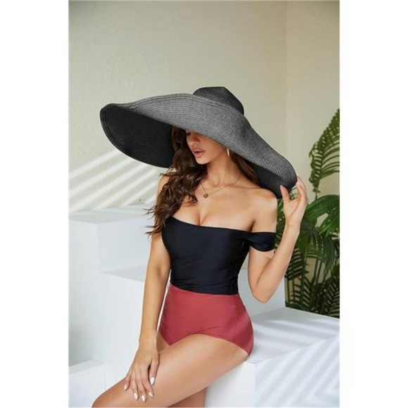 Black Straw Hat Trendy Wide Brim Floppy Large Oversized Visor Hat Cap Beach - Picture 2 of 6
